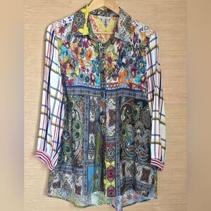 JOHN MARK Floral Plaid Popover Shirt M Boho Artsy Festival Colorful Nature